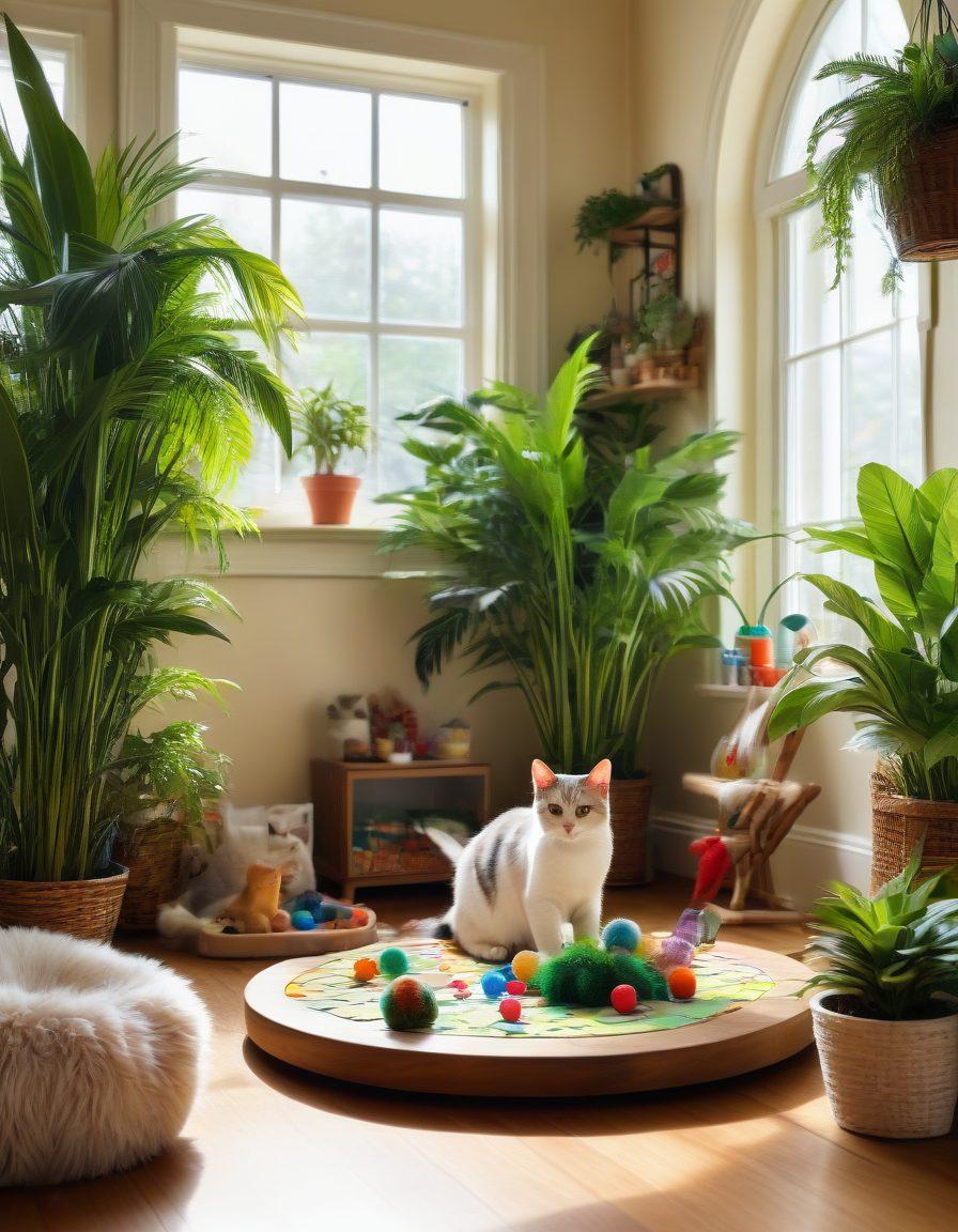 A cozy living room filled with small, engaging toys for cats, including interactive puzzle feeders and cat trees, bathed in warm sunlight. A content small cat is playing joyfully with a colorful feather toy, surrounded by plants and bright decorations, showcasing a nurturing and vibrant environment. super-realistic. vibrant colors. natural lighting.