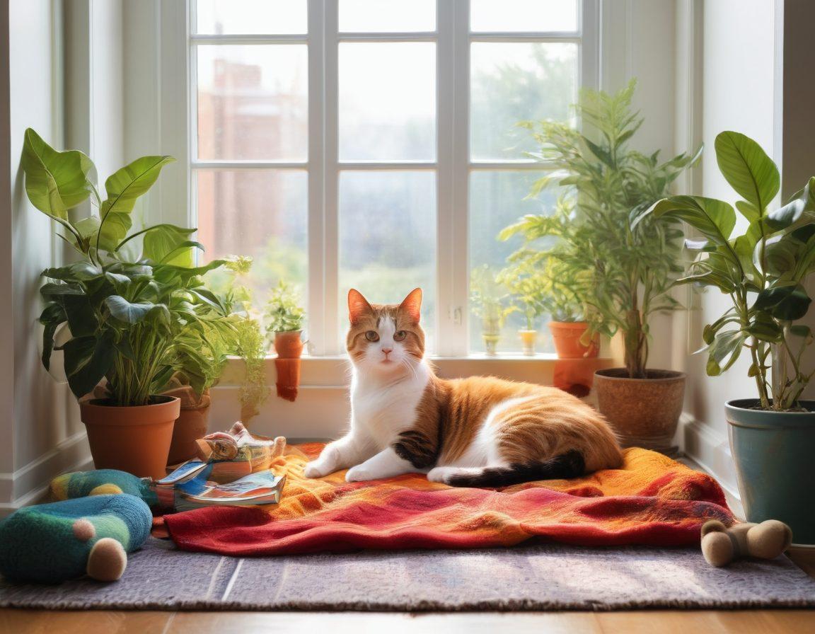 A cozy living room with a playful cat stretching on a sun-drenched windowsill, surrounded by vibrant cat toys and a bowl of fresh water. A soft, inviting bed is placed nearby with a colorful blanket, while a bookshelf displays cat care books. Potted plants decorate the scene, adding a touch of nature. Bright and cheerful, inviting warmth and comfort for both cats and their owners. super-realistic. vibrant colors. warm tones.