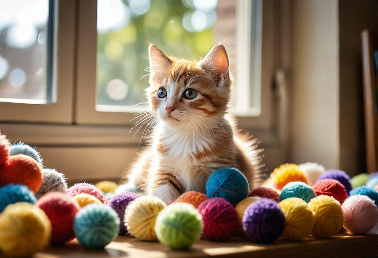 A cozy indoor scene featuring a playful small kitten engaging with colorful toys, surrounded by books on feline care and health. Include a warm sunlight pouring in through a window, illuminating the kitten's fur. The atmosphere should feel inviting and nurturing, evoking a sense of comfort and companionship. Illustrate essential tips visually with icons or infographics around the scene. vibrant colors. super-realistic.
